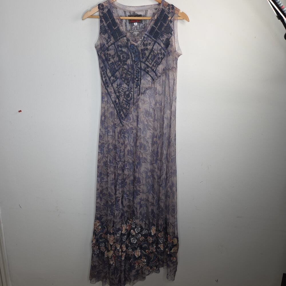 Johnny Was Biya Embroidered Mesh Dress Womens XS Blue Floral Boho Lace No Slip